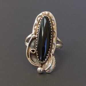 Sterling Long Onyx Navette Ring with Leaf & Scroll — Size 6.5–6.75